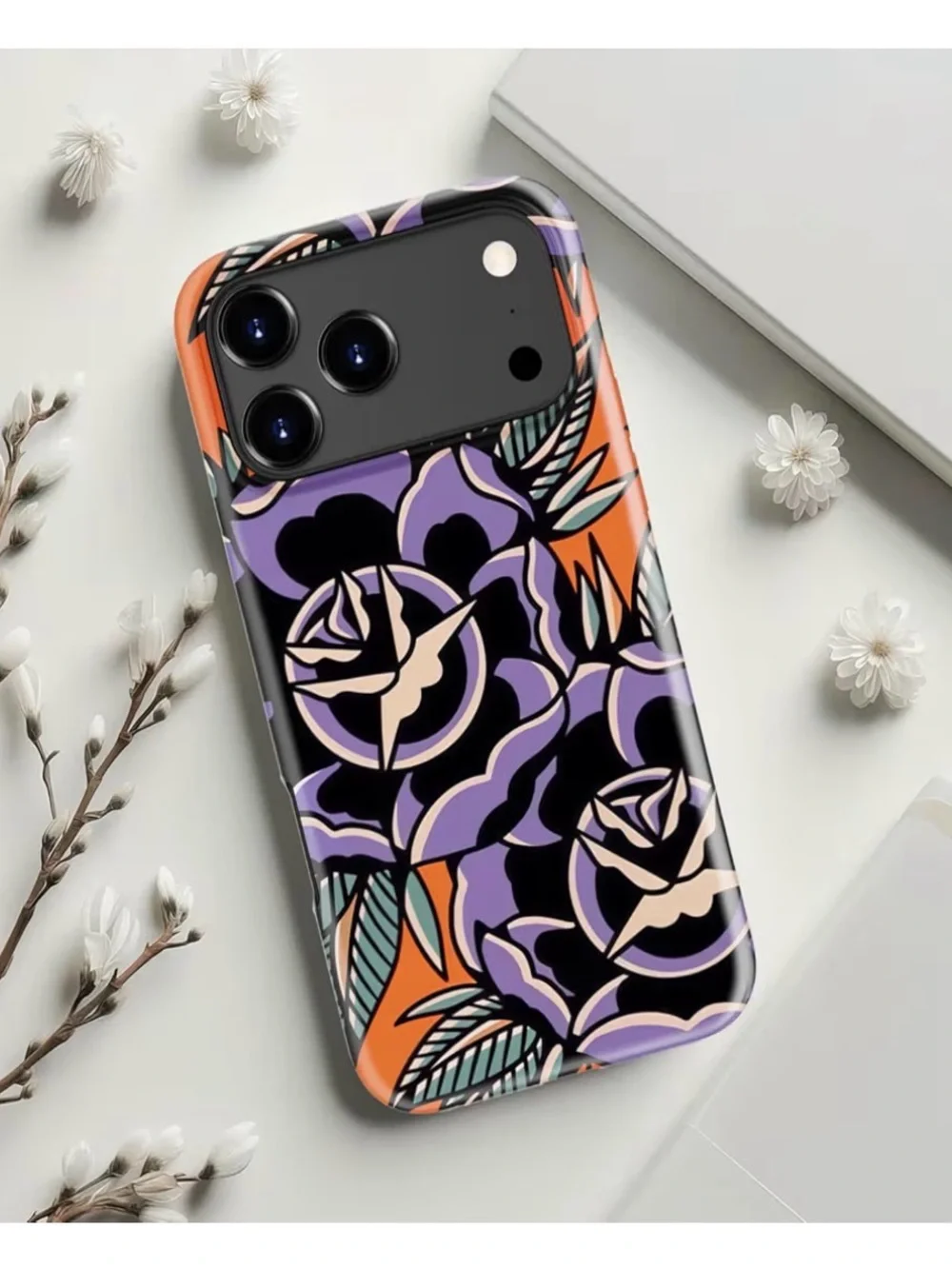Floral Protective Phone Case for iPhone 17 Pro Max - Purple & Orange